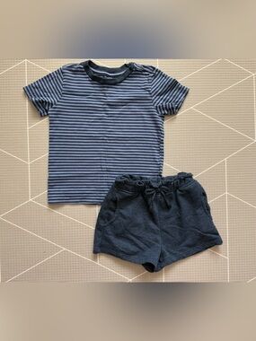 Pekkle|Baby boy/toddler Striped Navy Short Sleeve Tee & Dark Navy Shorts Set•3T